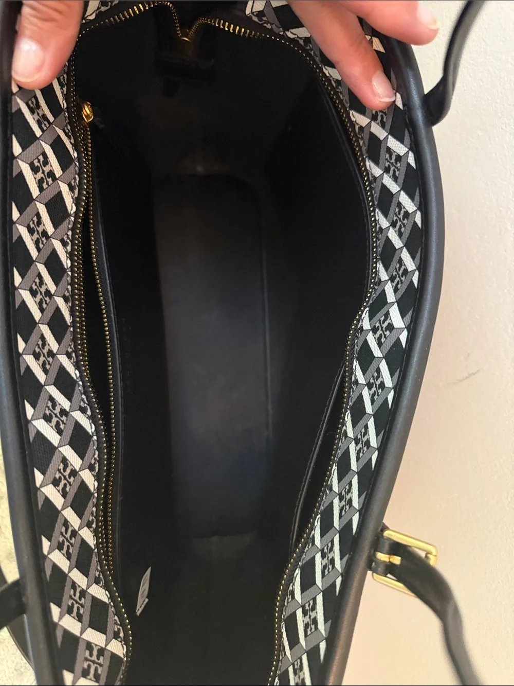 Tory Burch Black and Cream Logo Pattern Tote